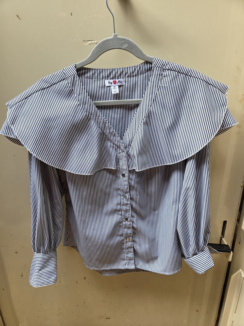 Striped Ruffle Collar Button-Front Blouse - Blue/White